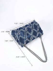 Borsa di jeans vintage consumata da donna, modello 2026, nuova collezione, con design intrecciato a diamante, catena borsa a tracolla e a tracolla, elegante e casual, adatta per uso quotidiano e appuntamenti - Blu - Visualizzare 3