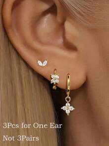 3pcs Stainless Steel Zirconia Flower Earrings, 14K Gold Plated Hypoallergenic Ear Cartilage Studs, Suitable For Daily Wear - Gold-1# - View 8