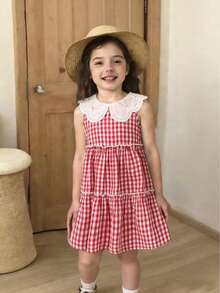 Girls Red & White Plaid Dress With Large Collar, Classic Retro Gingham Pattern, Layered Ruffle Hem Design, Cute & Charming For Birthday Party Or Outdoor Picnic, Spring/Summer - Red - View 4
