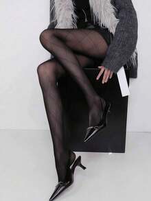 1双黑色菱形格纹女士丝袜，薄款黑色丝绸连裤袜，优雅腿部线条，JK格纹条纹，几何图案，小众，简约性感紧身丝袜 - 黑色 - 查看 4