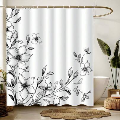 Floral Pattern Shower Curtain - Stunning Black And White Modern Floral Design, Waterproof And Machine Washable Polyester Fabric, Metal Grommets Top, Unlined Woven Shower Curtain With 12 Hooks, Suitable For Bathroom Decor, Autumn Bathroom Accessory, Back To School Essential