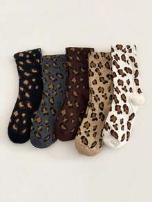 1/5 Pairs Women Leopard Print Crew Socks, Comfortable Casual Breathable Moisture-Wicking Socks, Fun Novelty Gift Idea, Autumn - Type a - View 1