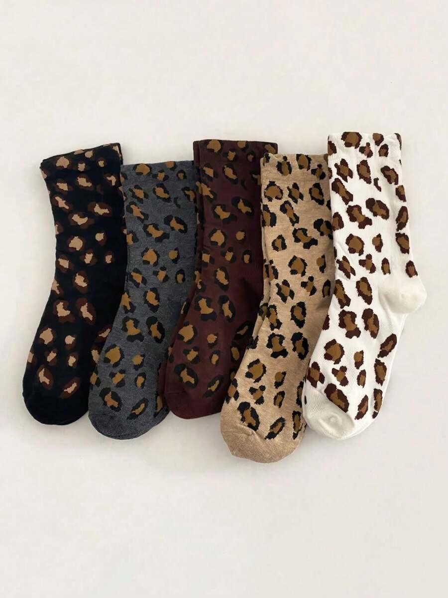 1/5 Pairs Women Leopard Print Crew Socks, Comfortable Casual Breathable Moisture-Wicking Socks, Fun Novelty Gift Idea, Autumn - Type a - View 1