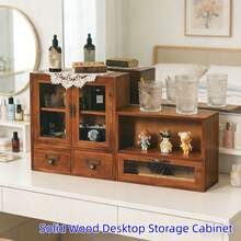 1PC Solid Wood Desktop Storage Cabinet With Drawers And Doors, One Drawer Per Compartment & Double Door Design, Freestanding Tabletop Organizer For Home Office Bedroom Makeup Vanity