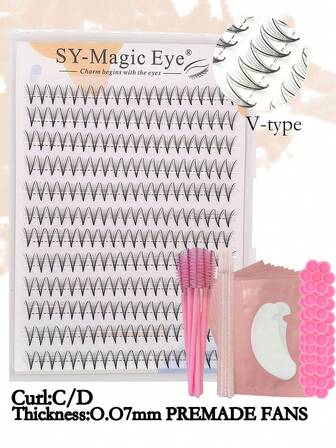Eid Mubarak V-Type Eyelash Extension, 240 Pcs Per Box, Thickness 0.07mm, 8-15mm / Mixed Length, Sharp Narrow Stem Premade Fans, With 10Pcs Eye Pads,10Pcs Eyelash Brushes,10Pcs Adjustment Rod,10Pcs Glue Cup, Soft & Natural, Easy To Carry, Hand-Grafted False Eyelashes, Party And Travel