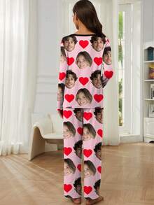 Printstory personalisierter Damen-Pyjama-Set, einzigartiges Großkopf-Foto, Gesichter von Paar austauschbar, Urlaubsstimmung, für die Familie, personalisiertes Geschenk, Jahrestag - Pink - Übersicht 2