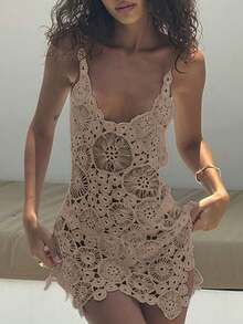 Women Hollow Out Crochet Swimsuit Coverups Tie Up Backless Mini Dress Slim U Neck Sleeveless Irregular Hem Bathing Suit Beach Dress Vacation Style Outfit - 卡其色 - 查看 1