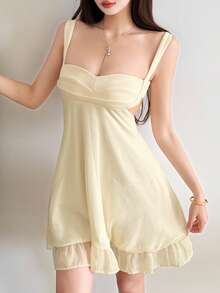 超炫宽松露肩网纱连衣裙，显瘦 - 杏色 - 查看 2