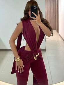 Women's Casual Vacation Party Party Sexy Sleeveless Deep V Low Chest Hollow High Waist Slim Slimming Jumpsuit - 酒紅色 - 查看 2