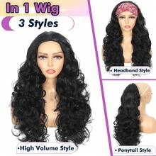 26英寸合成长黑色三合一半假发，无缝翻转式无胶佩戴，长波浪卷发，抽绳头带假发 - 彩色 - 查看 1