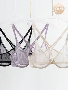 Wingslove 3pcs Women's Front Closure Lace Bras, Criss-Cross Back Sheer Unpadded Minimalist Lingerie Set - Multicolor - View 2