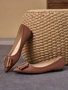 WHDXY Women's Fashionable Brown Pointed Toe Flats With Rhinestone Buckle, Versatile For Commuting And Casual Wear
