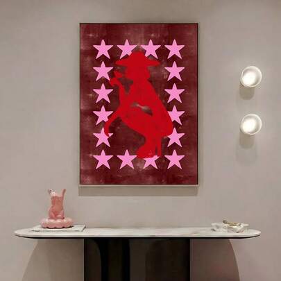 1pc Framed/Unframed Western Cowgirl Canvas Poster Red Silhouette Pink Stars Bar Cart Funky Wall Art Print Y2K Preppy Art Fashion Painting For Dorm,Living Room,Bedroom,Modern Home Decoration