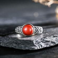 可调节复古925纯银戒指，镶嵌天然8毫米红玛瑙/绿松石/青金石/粉晶，波西米亚风珠宝，生日礼物