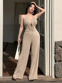 abyoxi 杏色和黑色条纹V领吊带背心搭配高腰阔腿裤两件套，休闲通勤、复古性感、日常外出、约会、情人节、海滩、度假皆宜，短款上衣搭配长裤，春夏穿搭 - 杏色 - 查看 4