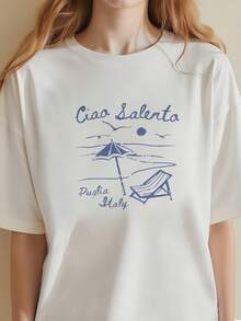 Women'S Casual Ciao Salento Italian Print T-Shirt - Short Sleeve, Round Neck, Lightweight Polyester, Spring Summer Top With Umbrella & Sun Design, Everyday Tshirt   Casual Style   Lightweight Fab - Trắng 3 - Xem 3