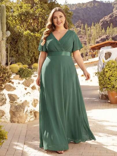 Plus Size Elegant V-Neck Ruched Bust Emerald Green Bridesmaid Dress, Wedding Guest Formal Dress For Wedding Dinner, Birthday Party, Valentine's Day