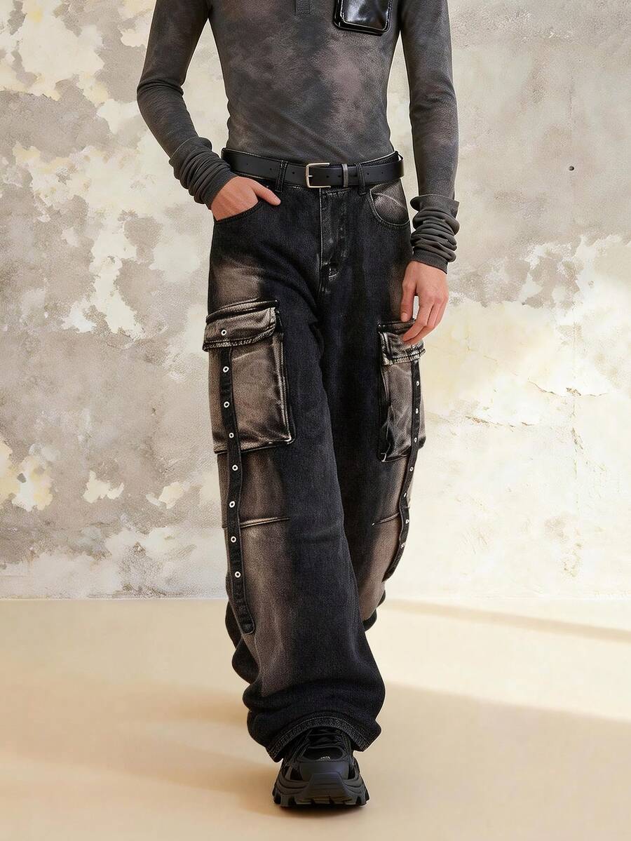 1件美式复古废土风格解构多口袋黑色宽松阔腿工装牛仔裤。（不含腰带和配饰） - 黑色 - 查看 1