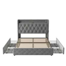 Upholstered Bed 140x190 Cm With LED Lighting And USB Socket, Headboard With Shelves And Storage Space, Flat Double Bed With 4 Drawers, Velvet. - Grey - View 10
