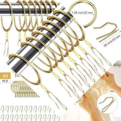 Metal Curtain Rings And Hooks For Window Door Shower - Gold, Ideal For Hanging Curtains