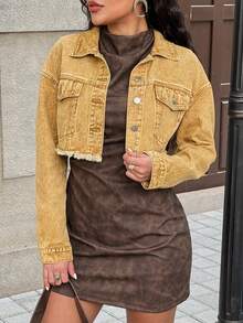 女式休闲流苏牛仔夹克，春秋季 - 卡其色 - 查看 1