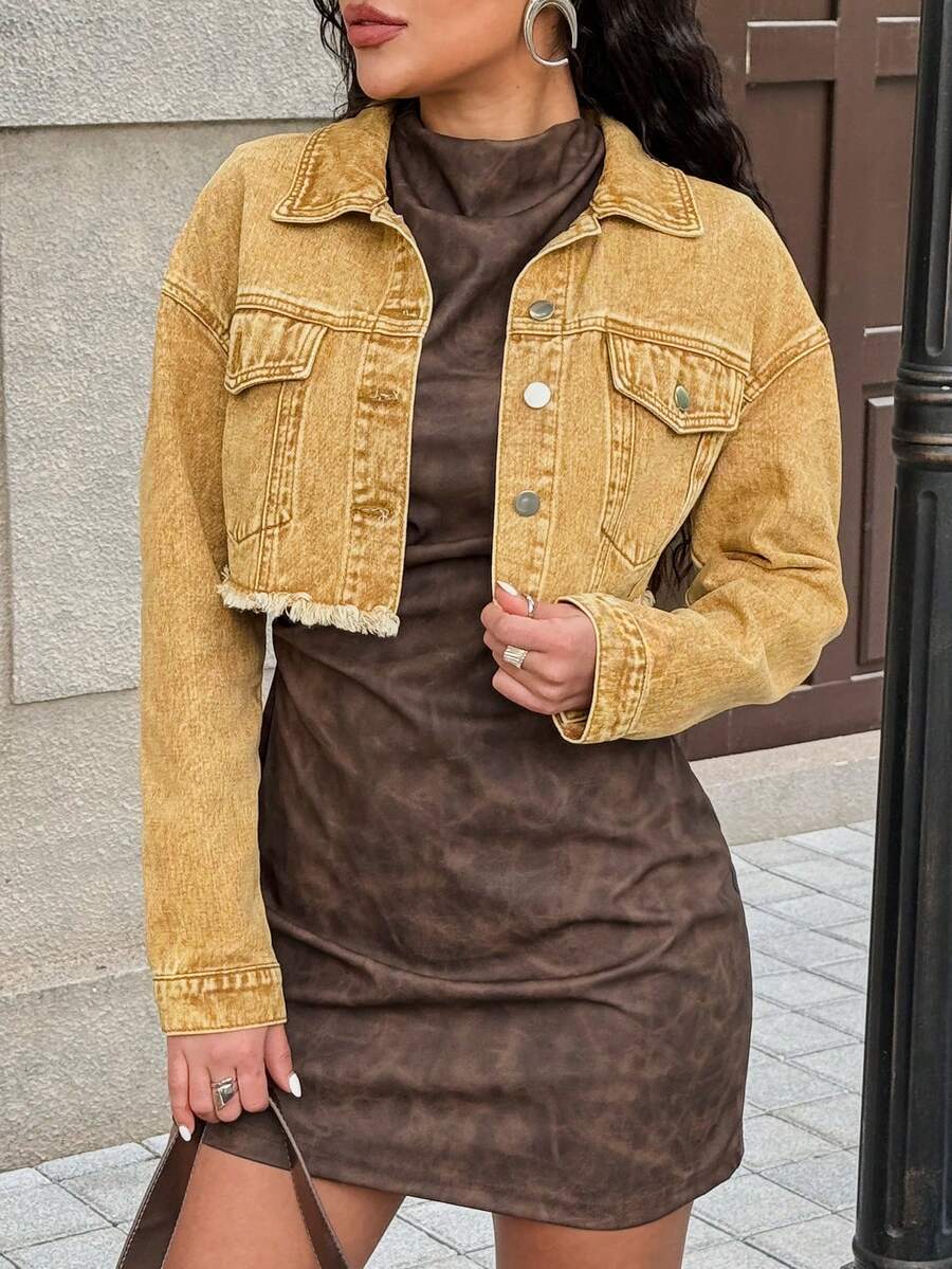 女式休闲流苏牛仔夹克，春秋季 - 卡其色 - 查看 1