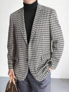 Tucano 男士格子单排扣西装，平驳领，单扣设计，修身剪裁，适合办公室、商务会议、休闲商务场合及日常通勤。 - 卡其色 - 查看 1