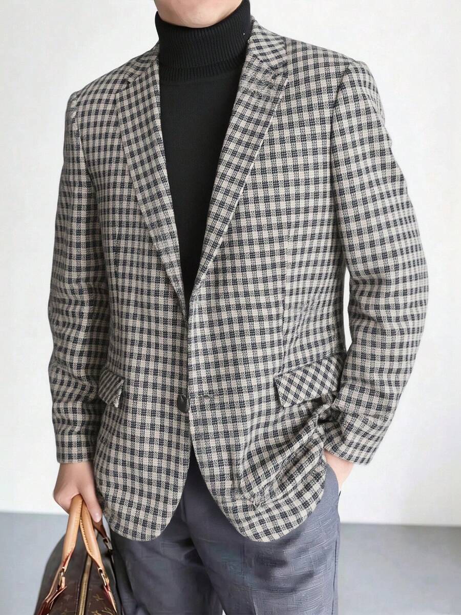 Tucano 男士格子单排扣西装，平驳领，单扣设计，修身剪裁，适合办公室、商务会议、休闲商务场合及日常通勤。 - 卡其色 - 查看 1