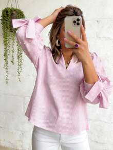 Women's Striped Woven Fabric Pearl Bowknot Ruffle Hem Tie Front Blouse Pink Spring - Pink - View 3