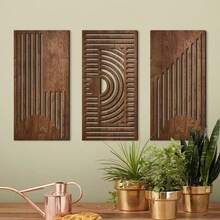 3 Stücke abstraktes geometrisches Holz-Wandkunst Set - moderne Inneneinrichtung, geeignet für Wohnzimmer, Schlafzimmer oder Büro, Wanddekoration, Wohnzimmer Dekor abstrakte Wandkunst, klar bedruckter Holzmaserung Textur, Wanddekoration - aus Holz - Übersicht 3