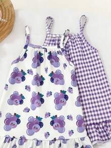 2pcs/Set Girls Casual Red Plaid Strawberry Print Off-Shoulder Cami Dress, Suitable For Party, Holiday, Leisure, Vacation, Outdoor Wear, Summer - Purple - View 3