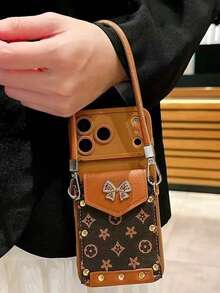 1pc Bowknot Reading Glasses Card Holder Phone Case Compatible With Apple 11/12/13/14/15/16/17 Pro Max - Brown - View 3