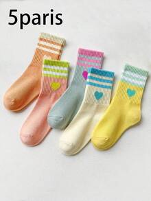 5 Pairs Heart & Stripe Jacquard Kids Mid-Calf Socks, High Elasticity, Suitable For All Seasons, Sports Socks - Multicolor - View 16