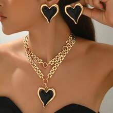 Set de 2 piezas de pendientes de cadena doble con parche en forma de corazón al estilo de Oriente Medio y collar babero minimalista - Amarillo Oro - Ver 5