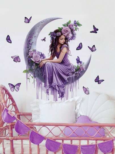1pc PVC Removable Wall Sticker, Cartoon Mermaid, Pink Unicorn, Purple Moon Girl, Butterfly Girl Wall Decals For Kids Room, Bedroom, Living Room, Study, Dining Room, Bathroom, Home Decor