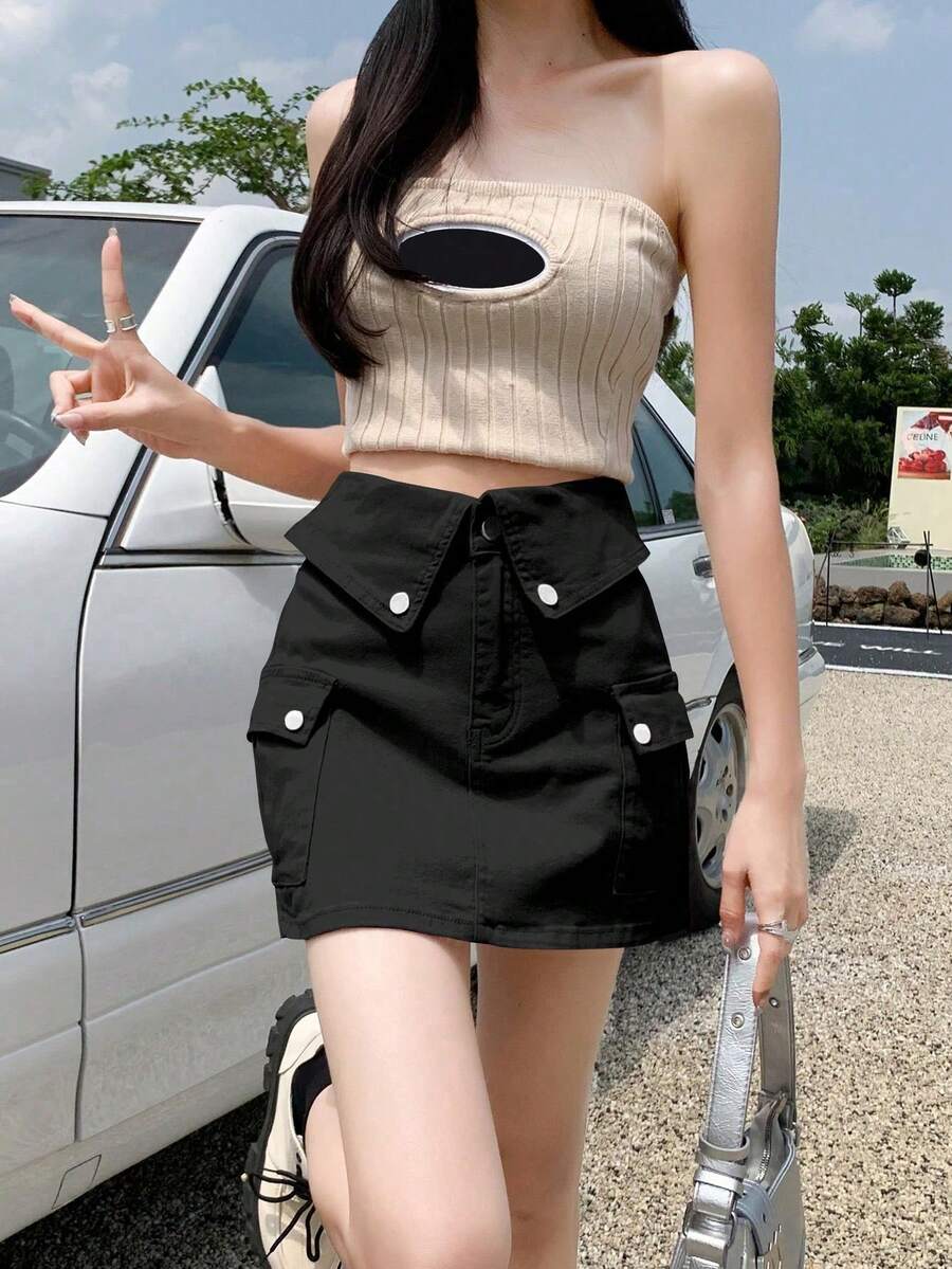 女士夏季休闲束口腰带工装口袋牛仔迷你裙 - 黑色 - 查看 1