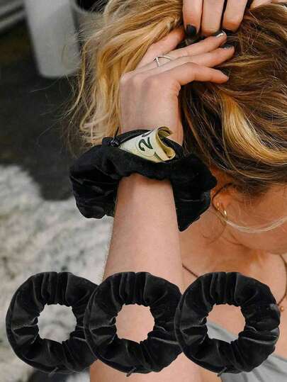 3 piezas Scrunchies de terciopelo con bolsillo oculto con cremallera, Scrunchies de tela elegantes con bolsillo oculto para guardar efectivo, llaves, lápiz labial, etc., Bolsa de maquillaje de gran capacidad para brochas, cuidado de la piel, teléfono, monedas, etc., Accesorio esencial de estilo bohemio para salidas, Sujetadores de cola de caballo, Bandas elásticas para el cabello, Gomas para el cabello, Cuerda para el cabello, Lazos elásticos para el cabello