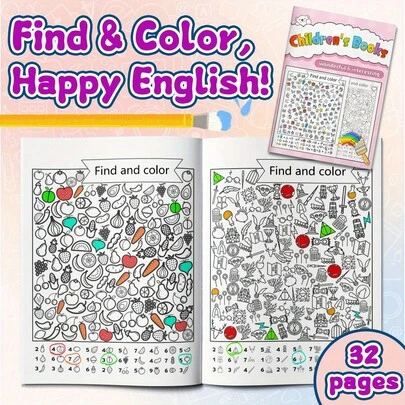 Kids Find & Color English Learning Game Toy, Hidden Picture Search & Coloring Activity Set With 32 Activity Sheets, Vocabulary Recognition & Focus Training Educational Toy For Preschool, Homeschool & Classroom Ages 3–8