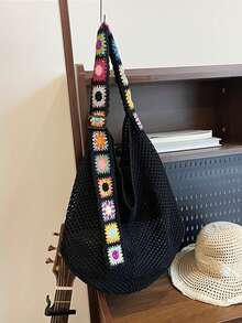 New Knitted Handbag, Fashionable Campus Shoulder Bag, Large Capacity Tote Bag For Vacation And Beach