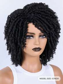 [Natural Afro Curly Wig] Natural Synthetic Afro Curly Dreadlock Wig - Short Twist Faux Locs, Breathable Layered Braids, Bob Style In Black, Brown, Copper, Blonde - Daily Cosplay Replacement Wig - Black - View 3