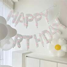 36个/套白色“生日快乐”气球横幅，带/不带粉色蝴蝶结，适合生日派对装饰、房间装饰、拍照。 - 白色 - 查看 5