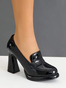 女士高跟厚底鞋，圆头粗跟鞋，时尚拼接厚底鞋，后系带乐福鞋，适合工作、商务、派对、正式场合，优雅漆皮 - 黑色 - 查看 4