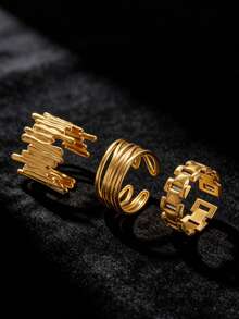 3pcs Fashionable Line & Geometric Pattern Stainless Steel Gold-Plated Adjustable Ring Set, Everyday Wear & Valentine's Day Gift For Women - As Shown - View 2