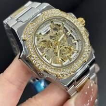 1枚女士鹦鹉螺系列自动机械腕表，方形表盘，奢华简约镂空设计，优雅女士腕表，适合作为礼物和日常佩戴 - 金色 - 查看 4