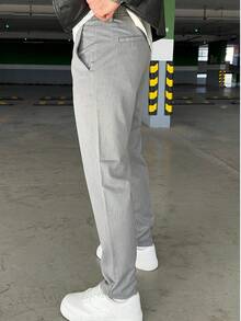 Men's Straight Leg Casual Suit Pants With Pockets, Suitable For Daily Commute - Grey - View 2