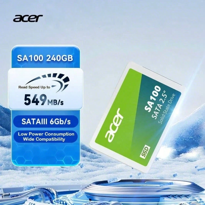 Acer The SA100 2.5-Inch SATA SSD Boasts 560MB/S Read Speeds, Instantly Boosting The Performance Of Older Laptops. It Operates Quietly With No Mechanical Parts, Offering Low Power Consumption For Extended Battery Life And Smoother System Startup And Application Loading. - SA100 Series - View 1