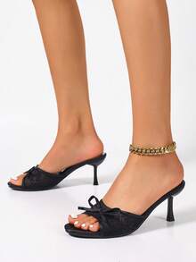 Women's Mesh Breathable Open Toe High Heel Sandals, Versatile Minimalist Summer New Bowknot Stiletto Slide Sandals, Black Lace - Black Double Mesh - View 9