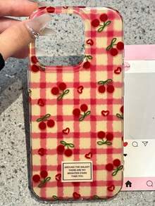 防震樱桃图案时尚全屏樱桃心形红色网格图案果冻糖果手机壳，兼容 17 Pro Max、17 Pro、16 Pro Max、15、14 Pro、13、12 Pro、14 Plus、16 Plus、17 Air、11、13，柔软后盖，春季礼物 - 紅色 - 查看 6