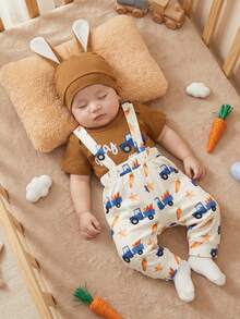 Conjunto de 3 piezas de Pascua para bebé niño, adorable mono de cuello redondo de manga corta con estampado de letras y camión, y gorro. - marrón - Ver 3