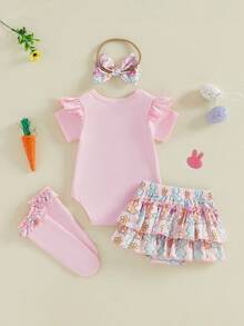 Conjunto de primavera y verano para bebé niña de Pascua, mono de manga corta con letras, pantalones cortos de zanahoria/conejito, calcetines con lazo, ropa bonita para festivales, ideal para 0 a 18 meses. - Rosa - Ver 7